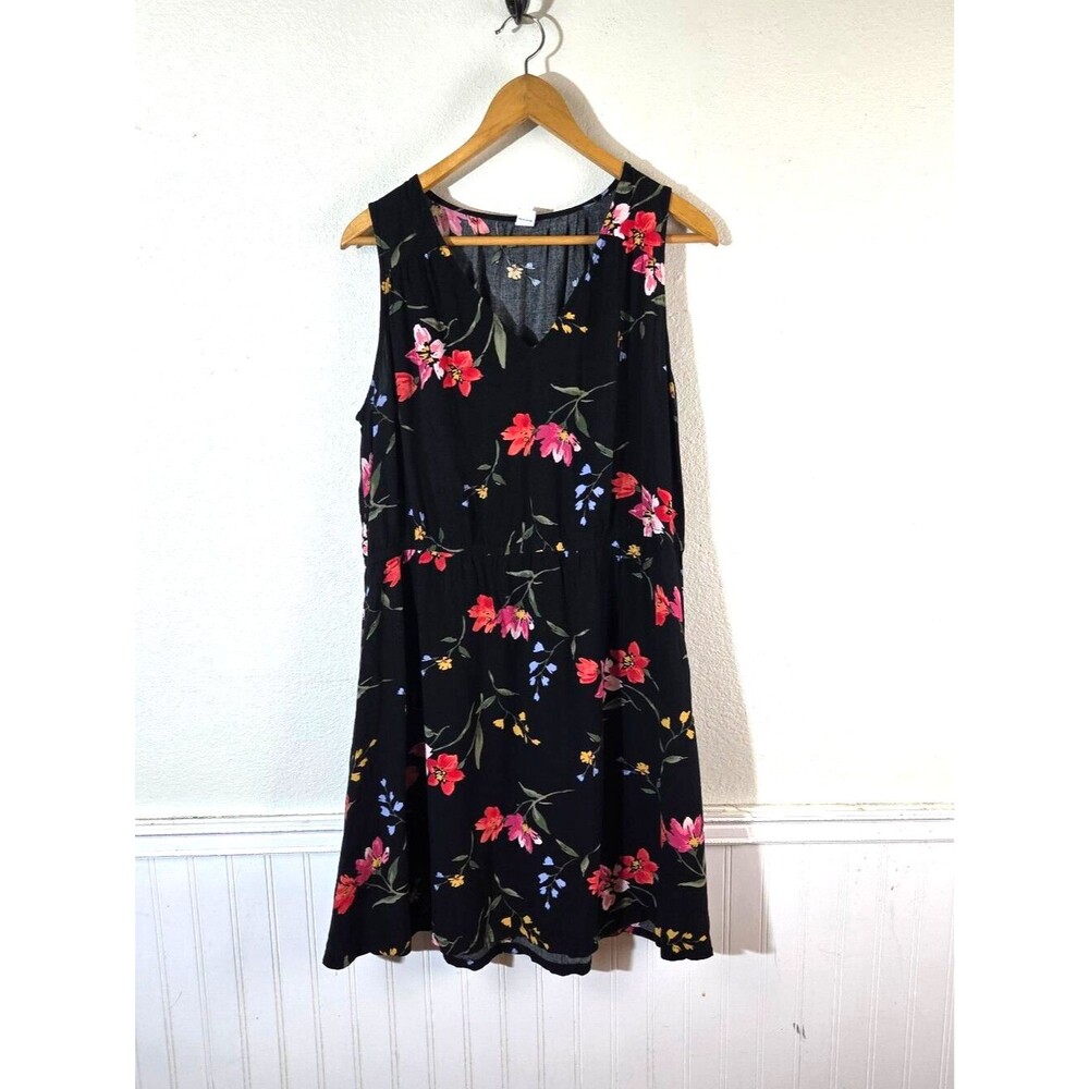 Old Navy Womens XL Black Floral Sleeveless Dress V Neck Flowy Swing Midi